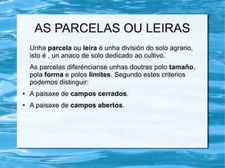 AS PARCELAS OU LEIRAS
    Unha parcela ou leira é unha división do solo agrario,
    isto é , un anaco de solo dedicado ao cultivo.
    As parcelas diferéncianse unhas doutras polo tamaño,
    pola forma e polos límites. Segundo estes criterios
    podemos distinguir:
●   A paisaxe de campos cerrados.
●   A paisaxe de campos abertos.
 