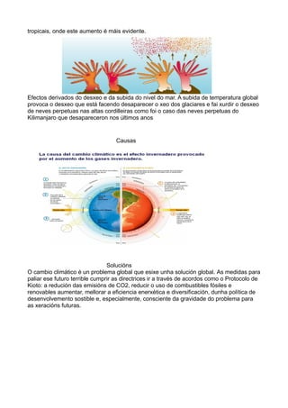 tropicais, onde este aumento é máis evidente.




Efectos derivados do desxeo e da subida do nivel do mar. A subida de temperatura global
provoca o desxeo que está facendo desaparecer o xeo dos glaciares e fai xurdir o desxeo
de neves perpetuas nas altas cordilleiras como foi o caso das neves perpetuas do
Kilimanjaro que desapareceron nos últimos anos


                                   Causas




                                Solucións
O cambio climático é un problema global que esixe unha solución global. As medidas para
paliar ese futuro terrible cumprir as directrices ir a través de acordos como o Protocolo de
Kioto: a redución das emisións de CO2, reducir o uso de combustibles fósiles e
renovables aumentar, mellorar a eficiencia enerxética e diversificación, dunha política de
desenvolvemento sostible e, especialmente, consciente da gravidade do problema para
as xeracións futuras.
 