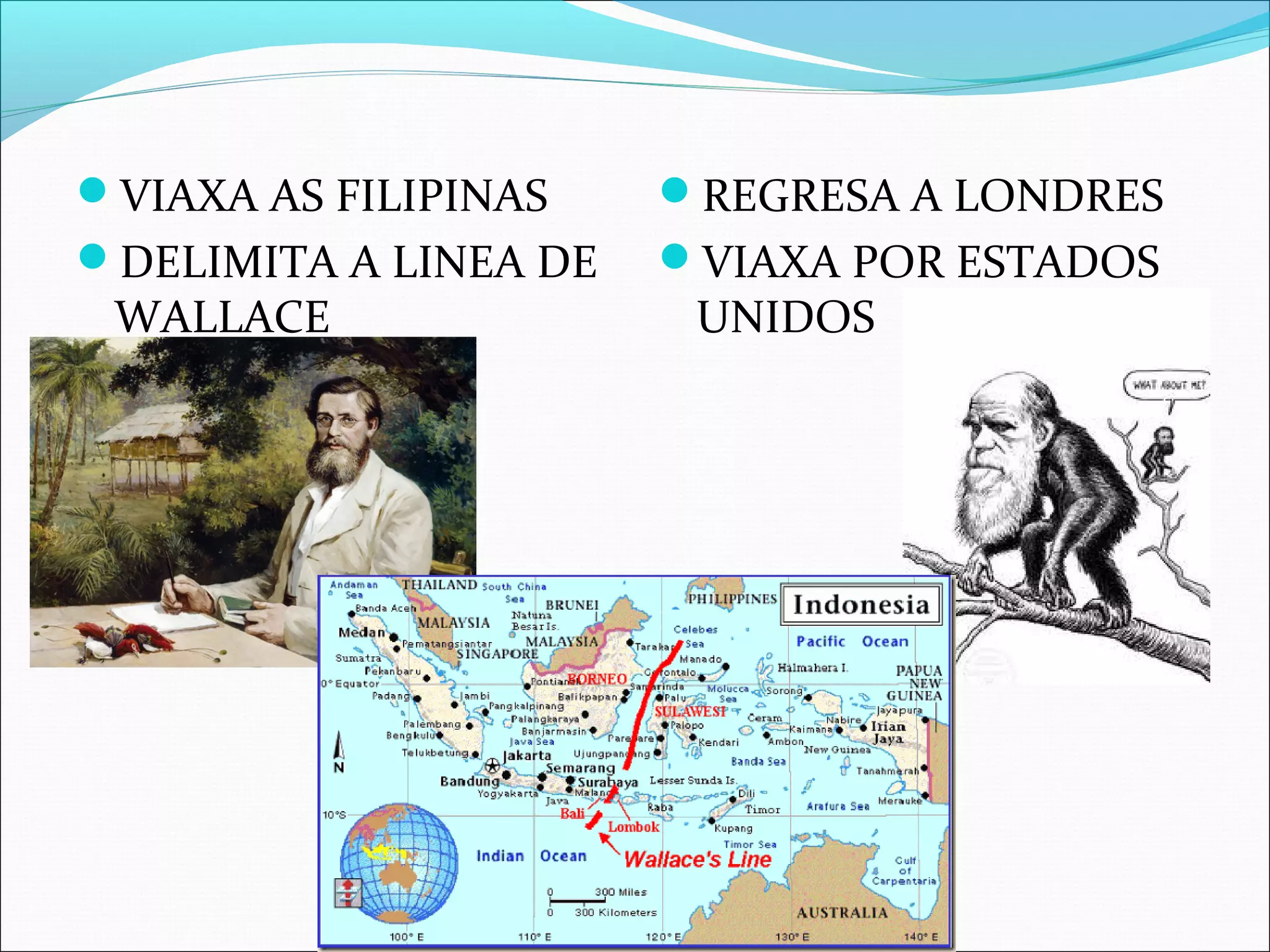 VIAXA AS FILIPINAS
DELIMITA A LINEA DE
WALLACE
REGRESA A LONDRES
VIAXA POR ESTADOS
UNIDOS
 