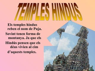 Els temples hindus  reben el nom de Puja. Sovint tenen forma de montanya. Ja que els Hindús pensen que els déus vivien al cim  d’aquests temples.   TEMPLES HINDUS 