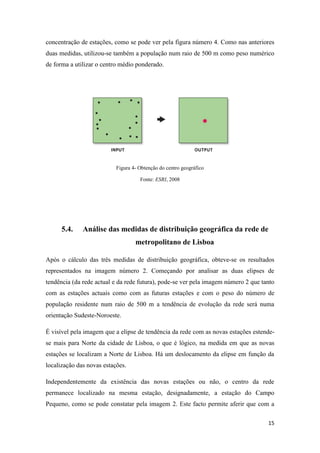 15
concentração de estações, como se pode ver pela figura número 4. Como nas anteriores
duas medidas, utilizou-se também a população num raio de 500 m como peso numérico
de forma a utilizar o centro médio ponderado.
Figura 4- Obtenção do centro geográfico
Fonte: ESRI, 2008
5.4. Análise das medidas de distribuição geográfica da rede de
metropolitano de Lisboa
Após o cálculo das três medidas de distribuição geográfica, obteve-se os resultados
representados na imagem número 2. Começando por analisar as duas elipses de
tendência (da rede actual e da rede futura), pode-se ver pela imagem número 2 que tanto
com as estações actuais como com as futuras estações e com o peso do número de
população residente num raio de 500 m a tendência de evolução da rede será numa
orientação Sudeste-Noroeste.
É visível pela imagem que a elipse de tendência da rede com as novas estações estende-
se mais para Norte da cidade de Lisboa, o que é lógico, na medida em que as novas
estações se localizam a Norte de Lisboa. Há um deslocamento da elipse em função da
localização das novas estações.
Independentemente da existência das novas estações ou não, o centro da rede
permanece localizado na mesma estação, designadamente, a estação do Campo
Pequeno, como se pode constatar pela imagem 2. Este facto permite aferir que com a
 