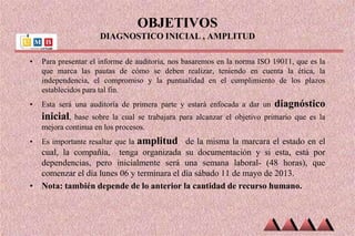 OBJETIVOS
DIAGNOSTICO INICIAL , AMPLITUD
• Para presentar el informe de auditoria, nos basaremos en la norma ISO 19011, que es la
que marca las pautas de cómo se deben realizar, teniendo en cuenta la ética, la
independencia, el compromiso y la puntualidad en el cumplimiento de los plazos
establecidos para tal fin.
• Esta será una auditoría de primera parte y estará enfocada a dar un diagnóstico
inicial, base sobre la cual se trabajara para alcanzar el objetivo primario que es la
mejora continua en los procesos.
• Es importante resaltar que la amplitud de la misma la marcara el estado en el
cual, la compañía, tenga organizada su documentación y si esta, está por
dependencias, pero inicialmente será una semana laboral- (48 horas), que
comenzar el día lunes 06 y terminara el día sábado 11 de mayo de 2013.
• Nota: también depende de lo anterior la cantidad de recurso humano.
 
