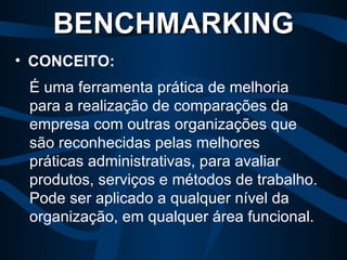 É uma ferramenta prática de melhoria para a realização de comparações da empresa com outras organizações que são reconhecidas pelas melhores práticas administrativas, para avaliar produtos, serviços e métodos de trabalho. Pode ser aplicado a qualquer nível da organização, em qualquer área funcional. BENCHMARKING CONCEITO: 