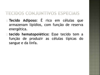 Tecido Adiposo: É rico em células que 
armazenam lipídios, com função de reserva 
energética. 
tecido hematopoiético: Esse tecido tem a 
função de produzir as células típicas do 
sangue e da linfa. 
 