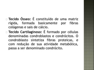 Tecido Ósseo: É constituído de uma matriz 
rígida, formada basicamente por fibras 
colágenas e sais de cálcio. 
Tecido Cartilaginoso: É formado por células 
denominadas condroblastos e condrócitos. O 
condroblasto sintetiza fibras proteicas, e 
com redução de sua atividade metabólica, 
passa a ser denominado condrócito. 
 