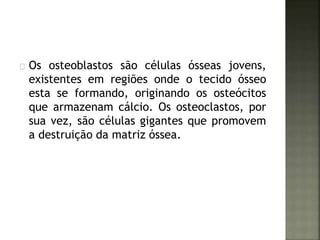 Os osteoblastos são células ósseas jovens, 
existentes em regiões onde o tecido ósseo 
esta se formando, originando os osteócitos 
que armazenam cálcio. Os osteoclastos, por 
sua vez, são células gigantes que promovem 
a destruição da matriz óssea. 
