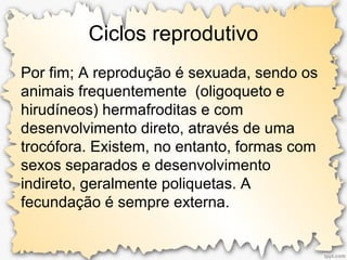 Ciclos reprodutivo
Por fim; A reprodução é sexuada, sendo os
animais frequentemente (oligoqueto e
hirudíneos) hermafroditas e com
desenvolvimento direto, através de uma
trocófora. Existem, no entanto, formas com
sexos separados e desenvolvimento
indireto, geralmente poliquetas. A
fecundação é sempre externa.
 