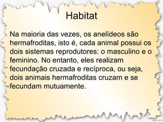 Habitat
Na maioria das vezes, os anelídeos são
hermafroditas, isto é, cada animal possui os
dois sistemas reprodutores: o masculino e o
feminino. No entanto, eles realizam
fecundação cruzada e recíproca, ou seja,
dois animais hermafroditas cruzam e se
fecundam mutuamente.
 
