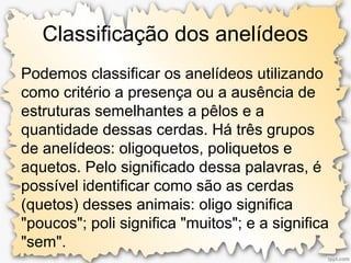 Classificação dos anelídeos
Podemos classificar os anelídeos utilizando
como critério a presença ou a ausência de
estruturas semelhantes a pêlos e a
quantidade dessas cerdas. Há três grupos
de anelídeos: oligoquetos, poliquetos e
aquetos. Pelo significado dessa palavras, é
possível identificar como são as cerdas
(quetos) desses animais: oligo significa
"poucos"; poli significa "muitos"; e a significa
"sem".
 