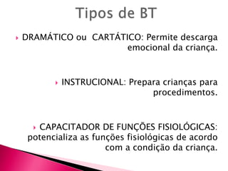  DRAMÁTICO ou CARTÁTICO: Permite descarga
emocional da criança.
 INSTRUCIONAL: Prepara crianças para
procedimentos.
 CAPACITADOR DE FUNÇÕES FISIOLÓGICAS:
potencializa as funções fisiológicas de acordo
com a condição da criança.
 