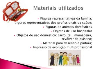  Figuras representativas da família;
 Figuras representativas dos profissionais da saúde;
 Figuras de animais domésticos
 Objetos de uso hospitalar
 Objetos de uso doméstico: carro, tel., mamadeira,
revólver de plástico;
 Material para desenho e pintura;
 Impresso de evolução multiprofissional
 