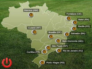 CIDADES-SEDE
   Doze cidades das cinco regiões do
Brasil receberão a Copa do Mundo em
2014. Mais de R$ 25 bilhões serão
investidos em aeroportos, estádios e
novos sistemas de transportes, tudo
para adequar a infraestrutura das
capitais aos milhares de turistas que
virão ao evento. Acompanhe a
preparação sede a sede.
 