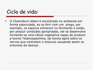 Ciclo de vida: O  Clostridium tetani  é encontrado no ambiente em forma esporulada, ao se ferir com um  prego, por exemplo, os esporos entraram no ferimento e então, por possuir condições apropriadas, ele se desenvolve tornando-se uma célula vegetativa capaz de produzir a toxina Tetanospasmina, tal toxina agirá sobre os nervos que controlam o músculo causando assim os sintomas da doença . 