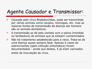 Agente Causador e Transmissor: Causada pelo vírus Rhabdoviridae, pode ser transmitida por vários animais como cavalos, morcegos, etc. mas as maiores fontes de transmissão da doença aos homens são os animais domésticos.  A transmissão se dá pelo contato com a saliva (mordida ou lambedura) de animais que já estejam contaminados. Não há tratamento estabelecido para a raiva. Trata-se de uma doença quase sempre fatal. Apenas 6 casos de sobreviventes (após infecção sintomática) foram documentados - ainda que destes, 5 já eram vacinados antes da inoculação do vírus.   