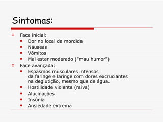 Sintomas: Face inicial: Dor no local da mordida Náuseas  Vômitos Mal estar moderado ("mau humor")  Face avançada: Espasmos musculares intensos da faringe e laringe com dores excruciantes na deglutição, mesmo que de água. Hostilidade violenta (raiva) Alucinações Insônia Ansiedade extrema  