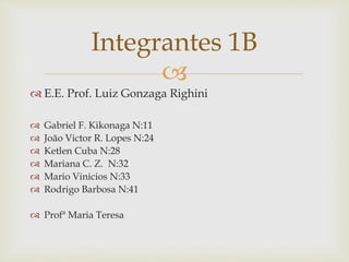 
 E.E. Prof. Luiz Gonzaga Righini
 Gabriel F. Kikonaga N:11
 João Victor R. Lopes N:24
 Ketlen Cuba N:28
 Mariana C. Z. N:32
 Mario Vinicios N:33
 Rodrigo Barbosa N:41
 Profª Maria Teresa
Integrantes 1B
 
