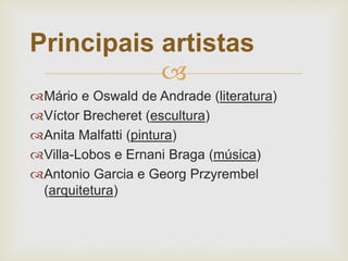
Mário e Oswald de Andrade (literatura)
Víctor Brecheret (escultura)
Anita Malfatti (pintura)
Villa-Lobos e Ernani Braga (música)
Antonio Garcia e Georg Przyrembel
(arquitetura)
Principais artistas
 
