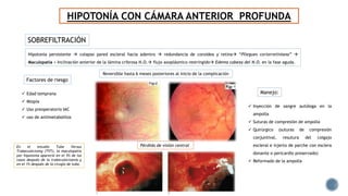HIPOTONÍA CON CÁMARA ANTERIOR PROFUNDA
 Edad temprana
 Miopía
 Uso preoperatorio IAC
 uso de antimetabolitos
 Inyección de sangre autóloga en la
ampolla
 Suturas de compresión de ampolla
 Quirúrgico (suturas de compresión
conjuntival, resutura del colgajo
escleral e injerto de parche con esclera
donante o pericardio preservado)
 Reformado de la ampolla
Hipotonía persistente  colapso pared escleral hacia adentro  redundancia de coroidea y retina “Pliegues coriorretiniana” 
Maculopatía + Inclinación anterior de la lámina cribrosa N.O. flujo axoplásmico restringido Edema cabeza del N.O. en la fase aguda.
Factores de riesgo
Manejo:
SOBREFILTRACIÓN
Reversible hasta 6 meses posteriores al inicio de la complicación
En el estudio Tube Versus
Trabeculectomy (TVT), la maculopatía
por hipotonía apareció en el 5% de los
casos después de la trabeculectomía y
en el 1% después de la cirugía de tubo.
Pérdida de visión central
 