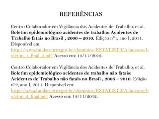 REFERÊNCIAS
Centro Colaborador em Vigilância dos Acidentes de Trabalho, et al.
Boletim epidemiológico acidentes de trabalho: Acidentes de
Trabalho fatais no Brasil , 2000 – 2010. Edição n°1, ano I, 2011.
Disponível em:
http://www.fundacentro.gov.br/dominios/ESTATISTICA/anexos/b
oletim_1_final_3.pdf Acesso em: 14/11/2012.
Centro Colaborador em Vigilância dos Acidentes de Trabalho, et al.
Boletim epidemiológico acidentes de trabalho não fatais:
Acidentes de Trabalho não fatais no Brasil , 2006 – 2010. Edição
n°2, ano I, 2011. Disponível em:
http://www.fundacentro.gov.br/dominios/ESTATISTICA/anexos/b
oletim_2_final.pdf Acesso em: 14/11/2012.
 