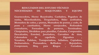 RESULTADOS DEL ESTUDIO TÉCNICO
NECESIDADES DE MAQUINARIA Y EQUIPO
Guarnecedora, Horno Reactivador, Cardadora, Pegadora de
suelas, Microfundición, Troqueladora, Shiler (enfriador),
Montadora de cuños, y puntas, Montadora de puntas, y codo, de
poste y cambiadora, Horno envejecedor, Perforadora
contrafuerte, Formadora de punteras, Terminadora.
Chiripiadora, Divididora para plantillas, Calzador, Computador,
Descalzador, Estrobel, Jaretiadora, Curvadora de tiras,
Calentadora de capellada, Zigzadora ,
Venadora, Pulidora, Transportadora, Selladora, Copiadora,
Desbastadora, Pomasadera, Refiladora , Repujadora,
Comprensor, Máq. para Kingos , Cortadora.
 