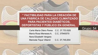 “ FACTIBILIDAD PARA LA CREACIÓN DE
UNA FÁBRICA DE CALZADO CLIMATIZADO
PARA PACIENTES DIABÉTICOS,
DEPORTISTAS Y PÚBLICO EN GENERAL
Carla María Otero Perea C.C. 37.753.828
María Rosa Meneses A. C:C. 37940570
Nora Elizabeth Vergara
Maricela Tique Villamil C.C. 37,745,654
Grupo: 54
 