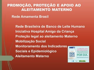 PROMOÇÃO, PROTEÇÃO E APOIO AO
ALEITAMENTO MATERNO
Rede Amamenta Brasil
Rede Brasileira de Banco de Leite Humano
Iniciativa Hospital Amigo da Criança
Proteção legal ao aleitamento Materno
Mobilização Social
Monitoramento dos Indicadores
Sociais e Epidemiológico
Aleitamento Materno
 