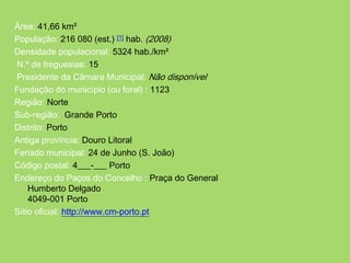 Área: 41,66 km²População: 216 080 (est.) [1]hab. (2008)Densidade populacional: 5324 hab./km²N.º de freguesias: 15 Presidente daCâmara Municipal:Não disponívelFundação do município (ou foral) : 1123Região: NorteSub-região:  Grande PortoDistrito: PortoAntiga província: Douro LitoralFeriado municipal: 24 de Junho (S. João) Código postal: 4___-___ Porto Endereço do Paços do Concelho: Praça do GeneralHumberto Delgado4049-001 Porto Sítio oficial: http://www.cm-porto.pt
