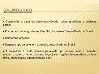 SALMOURÃO 
● Constituído a partir da decomposição de rochas graníticas e gnaisses 
claros; 
● Encontrado ao longo das regiões Sul, Sudeste e Centro-Oeste do Brasil; 
● Solo areno-argiloso; 
● Segundo tipo de solo, em extensão. encontrado no Brasil; 
● A fruticultura é muito indicada para este tipo de solo, mas a cana-de-açúcar, 
o café, o fumo, girassol, trigo ( nas regiões temperadas) , alfafa, 
milho, mandioca se adaptam muito bem. 
 