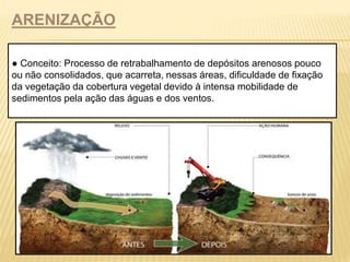 ARENIZAÇÃO 
● Conceito: Processo de retrabalhamento de depósitos arenosos pouco 
ou não consolidados, que acarreta, nessas áreas, dificuldade de fixação 
da vegetação da cobertura vegetal devido à intensa mobilidade de 
sedimentos pela ação das águas e dos ventos. 
 