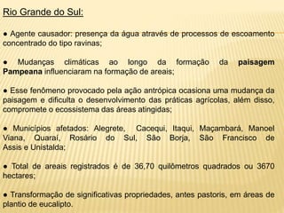 Rio Grande do Sul: 
● Agente causador: presença da água através de processos de escoamento 
concentrado do tipo ravinas; 
● Mudanças climáticas ao longo da formação da paisagem 
Pampeana influenciaram na formação de areais; 
● Esse fenômeno provocado pela ação antrópica ocasiona uma mudança da 
paisagem e dificulta o desenvolvimento das práticas agrícolas, além disso, 
compromete o ecossistema das áreas atingidas; 
● Municípios afetados: Alegrete, Cacequi, Itaqui, Maçambará, Manoel 
Viana, Quaraí, Rosário do Sul, São Borja, São Francisco de 
Assis e Unistalda; 
● Total de areais registrados é de 36,70 quilômetros quadrados ou 3670 
hectares; 
● Transformação de significativas propriedades, antes pastoris, em áreas de 
plantio de eucalipto. 
 
