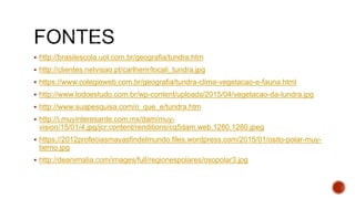  http://brasilescola.uol.com.br/geografia/tundra.htm
 http://clientes.netvisao.pt/carlhenr/locali_tundra.jpg
 https://www.colegioweb.com.br/geografia/tundra-clima-vegetacao-e-fauna.html
 http://www.todoestudo.com.br/wp-content/uploads/2015/04/vegetacao-da-tundra.jpg
 http://www.suapesquisa.com/o_que_e/tundra.htm
 http://i.muyinteresante.com.mx/dam/muy-
vision/15/01/4.jpg/jcr:content/renditions/cq5dam.web.1280.1280.jpeg
 https://2012profeciasmayasfindelmundo.files.wordpress.com/2015/01/osito-polar-muy-
tierno.jpg
 http://deanimalia.com/images/full/regionespolares/osopolar3.jpg
 