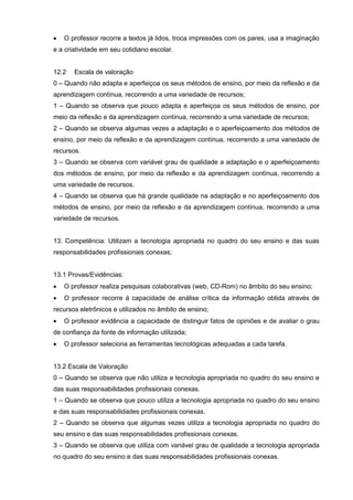    O professor recorre a textos já lidos, troca impressões com os pares, usa a imaginação
e a criatividade em seu cotidiano escolar.


12.2   Escala de valoração
0 – Quando não adapta e aperfeiçoa os seus métodos de ensino, por meio da reflexão e da
aprendizagem contínua, recorrendo a uma variedade de recursos;
1 – Quando se observa que pouco adapta e aperfeiçoa os seus métodos de ensino, por
meio da reflexão e da aprendizagem contínua, recorrendo a uma variedade de recursos;
2 – Quando se observa algumas vezes a adaptação e o aperfeiçoamento dos métodos de
ensino, por meio da reflexão e da aprendizagem contínua, recorrendo a uma variedade de
recursos.
3 – Quando se observa com variável grau de qualidade a adaptação e o aperfeiçoamento
dos métodos de ensino, por meio da reflexão e da aprendizagem contínua, recorrendo a
uma variedade de recursos.
4 – Quando se observa que há grande qualidade na adaptação e no aperfeiçoamento dos
métodos de ensino, por meio da reflexão e da aprendizagem contínua, recorrendo a uma
variedade de recursos.


13. Competência: Utilizam a tecnologia apropriada no quadro do seu ensino e das suas
responsabilidades profissionais conexas;


13.1 Provas/Evidências:
   O professor realiza pesquisas colaborativas (web, CD-Rom) no âmbito do seu ensino;
   O professor recorre á capacidade de análise crítica da informação obtida através de
recursos eletrônicos e utilizados no âmbito de ensino;
   O professor evidência a capacidade de distinguir fatos de opiniões e de avaliar o grau
de confiança da fonte de informação utilizada;
   O professor seleciona as ferramentas tecnológicas adequadas a cada tarefa.


13.2 Escala de Valoração
0 – Quando se observa que não utiliza a tecnologia apropriada no quadro do seu ensino e
das suas responsabilidades profissionais conexas.
1 – Quando se observa que pouco utiliza a tecnologia apropriada no quadro do seu ensino
e das suas responsabilidades profissionais conexas.
2 – Quando se observa que algumas vezes utiliza a tecnologia apropriada no quadro do
seu ensino e das suas responsabilidades profissionais conexas.
3 – Quando se observa que utiliza com variável grau de qualidade a tecnologia apropriada
no quadro do seu ensino e das suas responsabilidades profissionais conexas.
 
