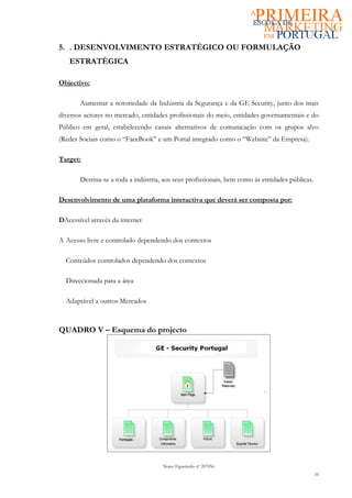 5. . DESENVOLVIMENTO ESTRATÉGICO OU FORMULAÇÃO
   ESTRATÉGICA

Objectivo:

       Aumentar a notoriedade da Indústria da Segurança e da GE Security, junto dos mais
diversos actores no mercado, entidades profissionais do meio, entidades governamentais e do
Público em geral, estabelecendo canais alternativos de comunicação com os grupos alvo
(Redes Sociais como o “FaceBook” e um Portal integrado como o “Website” da Empresa).

Target:

       Destina-se a toda a indústria, aos seus profissionais, bem como ás entidades públicas.

Desenvolvimento de uma plataforma interactiva que deverá ser composta por:

DAcessível através da internet

A Acesso livre e controlado dependendo dos contextos

  Conteúdos controlados dependendo dos contextos

  Direccionada para a área

  Adaptável a outros Mercados



QUADRO V – Esquema do projecto




                                     Nuno Figueiredo nº 207056
                                                                                                10
 