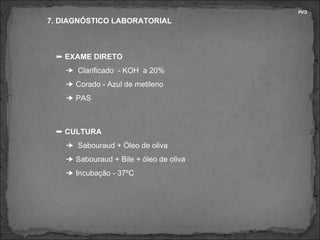 7. DIAGNÓSTICO LABORATORIAL    EXAME DIRETO    Clarificado  - KOH  a 20%    Corado - Azul de metileno    PAS    CULTURA    Sabouraud + Óleo de oliva    Sabouraud + Bile + óleo de oliva    Incubação - 37ºC PV3 