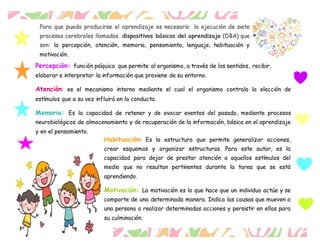 Para que pueda producirse el aprendizaje es necesario la ejecución de siete
procesos cerebrales llamados dispositivos básicos del aprendizaje (DBA) que
son: la percepción, atención, memoria, pensamiento, lenguaje, habituación y
motivación.
Percepción: función psíquica que permite al organismo, a través de los sentidos, recibir,
elaborar e interpretar la información que proviene de su entorno.
Atención: es el mecanismo interno mediante el cual el organismo controla la elección de
estímulos que a su vez influirá en la conducta.
Memoria: Es la capacidad de retener y de evocar eventos del pasado, mediante procesos
neurobiológicos de almacenamiento y de recuperación de la información, básica en el aprendizaje
y en el pensamiento.
Leer más: https://psicopedagogico.webnode.es/pedagogia/
Habituación: Es la estructura que permite generalizar acciones,
crear esquemas y organizar estructuras. Para este autor, es la
capacidad para dejar de prestar atención a aquellos estímulos del
medio que no resultan pertinentes durante la tarea que se está
aprendiendo.
Motivación: La motivación es lo que hace que un individuo actúe y se
comporte de una determinada manera. Indica las causas que mueven a
una persona a realizar determinadas acciones y persistir en ellas para
su culminación.
 