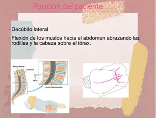 Posición del paciente
• Decúbito lateral
• Flexión de los muslos hacia el abdomen abrazando las
rodillas y la cabeza sobre el tórax.
 