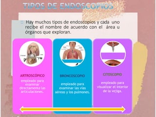 Hay muchos tipos de endoscopios y cada uno
recibe el nombre de acuerdo con el área u
órganos que exploran.
ARTROSCÓPICO
empleado para
examinar
directamente las
articulaciones.
BRONCOSCOPIO
empleado para
examinar las vías
aéreas y los pulmones.
CITOSCOPIO
empleado para
visualizar el interior
de la vejiga.
 