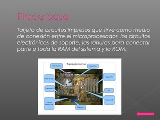  Tarjeta de circuitos impresos que sirve como medio
de conexión entre el microprocesador, los circuitos
electrónicos de soporte, las ranuras para conectar
parte o toda la RAM del sistema y la ROM.
 