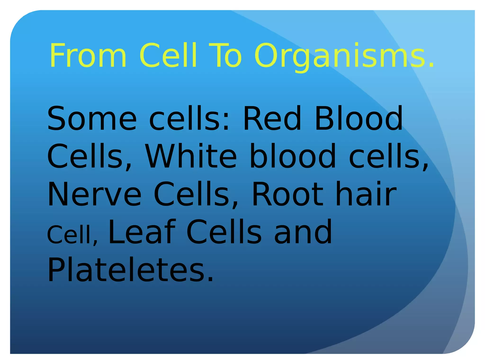 From Cell To Organisms.
Some cells: Red Blood
Cells, White blood cells,
Nerve Cells, Root hair
Cell, Leaf Cells and
Plateletes.
 