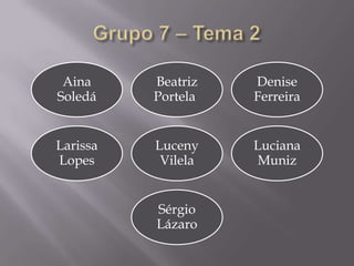 Aina     Beatriz   Denise
Soledá    Portela   Ferreira


Larissa   Luceny    Luciana
Lopes      Vilela    Muniz


          Sérgio
          Lázaro
 
