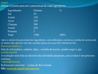 Aula2.
Utilizar a receita para ver o percentual de cada ingrediente.
      Ingredientes               Gramas                    %
      Sal                        45
      Azeite                     150
      Arroz                      550
      Charque                    500
      Azeite                     250
      Pimenta                    5
      Total                      1500                      100%
Após o cálculo de percentual dos ingredientes, será elaborada a receita na cozinha da escola,onde
os alunos irão apreciar uma das comidas típicas do nosso Rio Grande do Sul.
Recursos didáticos:
Sala de informática, caderno, lápis , cozinha da escola, quadro negro e giz.
6.AVALIAÇÃO:
A avaliação será feita no decorrer das atividades propostas, pois avaliar é um processo
contínuo.
7.REFERÊNCIAS:
Referencial curricular – Lições do Rio Grande
Site: www.sic.org.br/charque.asp
 