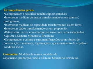 b.Competências gerais.
•Compreender e pesquisar receitas típicas gaúchas;
•Interpretar medidas de massa transformando-as em gramas,
quilogramas;
•Interpretar medidas de capacidade transformando-as em litros;
•Interpretar dados transformando-os em proporção;
•Diferenciar o arroz com charque de arroz com carne (adaptado);
•Aplicar o Sistema Monetário Brasileiro.
•Compreender a cultura e suas manifestações como fontes de
conservação e mudança, legitimação e questionamento de acordos e
condutas sócias.

Conteúdos: Medidas de massa, medidas de
capacidade, proporção, tabela, Sistema Monetário Brasileiro.
 