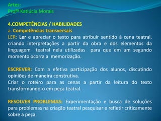 Artes:
Profª Katiúcia Morais

4.COMPETÊNCIAS / HABILIDADES
a. Competências transversais
LER: Ler e apreciar o texto para atribuir sentido à cena teatral,
criando interpretações a partir da obra e dos elementos da
linguagem teatral nela utilizadas para que em um segundo
momento ocorra a memorização.

ESCREVER: Com a efetiva participação dos alunos, discutindo
opiniões de maneira construtiva.
Criar o roteiro para as cenas a partir da leitura do texto
transformando-o em peça teatral.

RESOLVER PROBLEMAS: Experimentação e busca de soluções
para problemas na criação teatral pesquisar e refletir criticamente
sobre a peça.
 