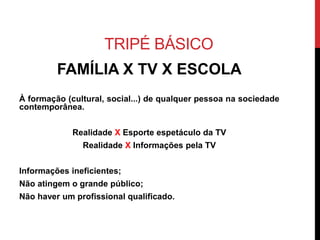 TRIPÉ BÁSICO
FAMÍLIA X TV X ESCOLA
À formação (cultural, social...) de qualquer pessoa na sociedade
contemporânea.
Realidade X Esporte espetáculo da TV
Realidade X Informações pela TV
Informações ineficientes;
Não atingem o grande público;
Não haver um profissional qualificado.
 