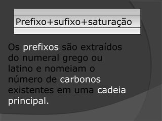Prefixo+sufixo+saturaçãoPrefixo+sufixo+saturação
Os prefixos são extraídos
do numeral grego ou
latino e nomeiam o
número de carbonos
existentes em uma cadeia
principal.
 