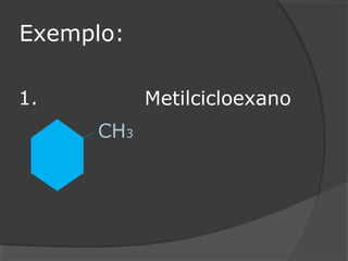 Exemplo:
CH3
Metilcicloexano1.
 