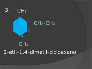 3. CH3
CH2-CH3
CH3
2-etil-1,4-dimetil-cicloexano
1
2
3
4
 