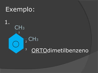 Exemplo:
CH3
CH3
3
2
1
ORTOdimetilbenzeno
1.
 