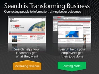 Search is Transforming Business
Connecting people to information, driving better outcomes




       Search helps your                 Search helps your
        customers get                     employees get
        what they want                    their jobs done

       increasing revenue                  cutting costs
 
