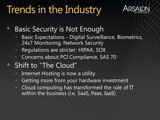 •   Basic Security is Not Enough
    − Basic Expectations - Digital Surveillance, Biometrics,
      24x7 Monitoring, Network Security
    − Regulations are stricter: HIPAA, SOX
    − Concerns about PCI Compliance, SAS 70
•   Shift to “The Cloud”
    − Internet Hosting is now a utility
    − Getting more from your hardware investment
    − Cloud computing has transformed the role of IT
      within the business (i.e. SaaS, Paas, IaaS)
 